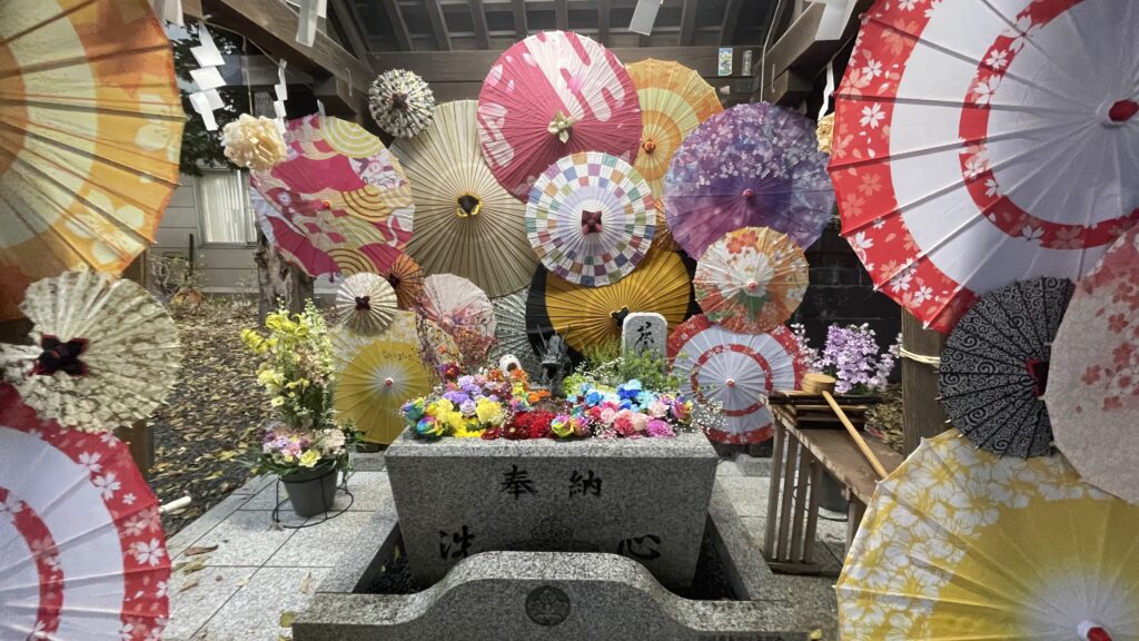 なにわ男子カラーの花手水と和傘